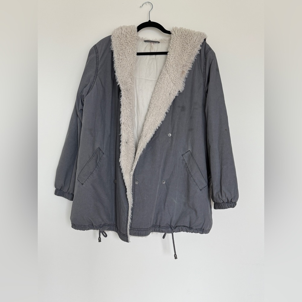 Free People gray/blue Hooded fluffy Women's jacket
